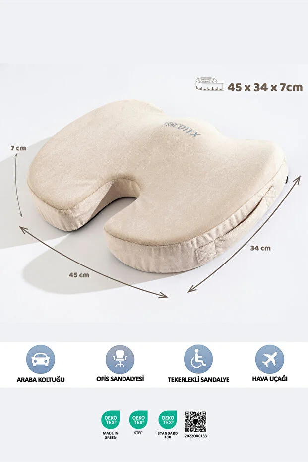 Visco Ortopedik, Kaydırmaz Tabanlı, Ofis, Araba, Koksiks Oturma Minderi, 45x34x7cm